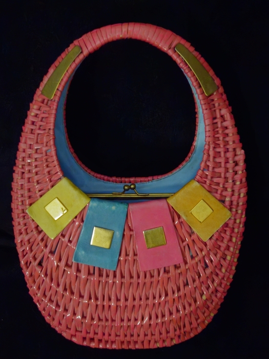 Koret Handbags - Koret Vintage 1950 Pink Woven Rattan Statement Purse-Kisslock Multi-Color Accent